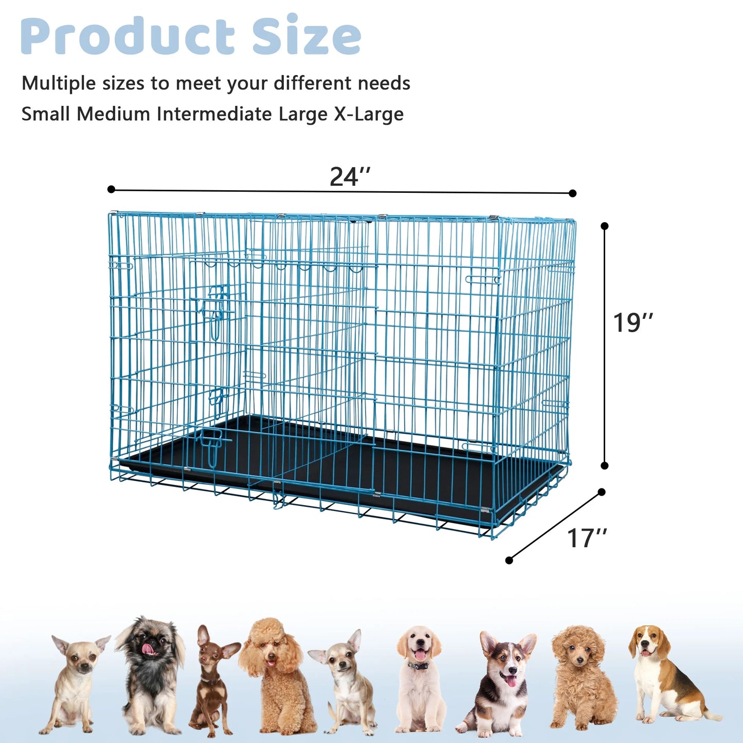 24 Inch Dog Crate, Dog Crates and Kennels Folding Metal Dog Crate with Double-Door,Divider Panel, Removable Tray and Handle Pet Dog Cages for Small Dogs Indoor Outdoor, Blue